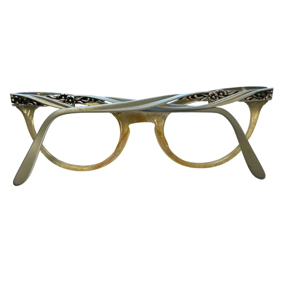 Vintage 1950s Cat Eye Glasses Floral Metal Overlay Silver Amber Clear Frames